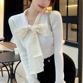 Tie-Front Lace Panel Fitted Long-Sleeve Knit Top