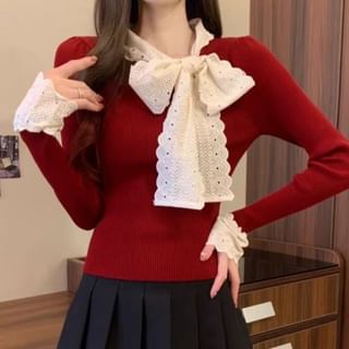 Tie-Front Lace Panel Fitted Long-Sleeve Knit Top