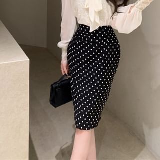 Tie-Neck Lace Blouse with High-Waist Dot Pencil Skirt