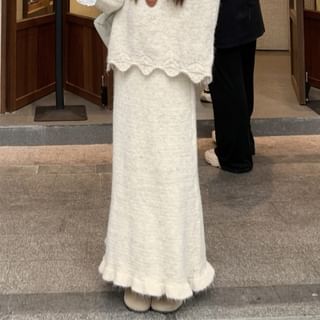 Hooded Lace Oversized Sweater with Midi Knit Skirt