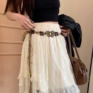 Asymmetric Lace Midi Skirt with String Belt