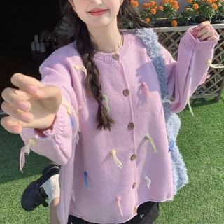 Frayed Crewneck Button-Front Cardigan