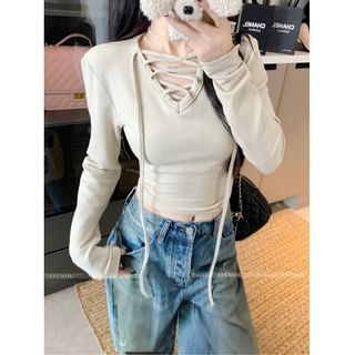 V-Neck Lace-Up Crop Top with Sleeves