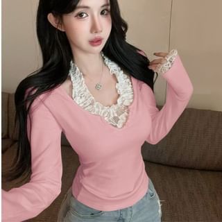 Halter Mock Two-Piece Lace Panel Top