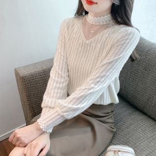 Chic Mock Neck Lace Panel Shirt