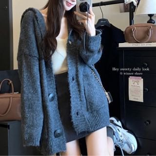 Hooded Button-Front Plain Cardigan