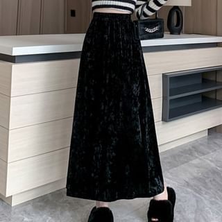 Plain Velvet Maxi A-Line Skirt with Elastic Waist