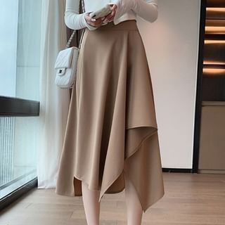 Asymmetric Plain Midi Skirt with High Waist