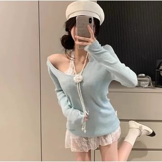 Off-Shoulder Knit Top and Halter Lace A-Line Dress Set