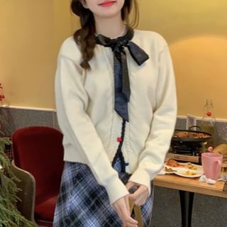 Contrast Trim Tie Front Button-Up Crew Neck Cardigan