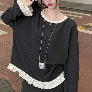 Long-Sleeve Knit Top with Ruffle Trim and Pencil Skirt Set