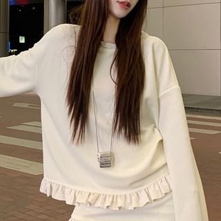 Long-Sleeve Knit Top with Ruffle Trim and Pencil Skirt Set