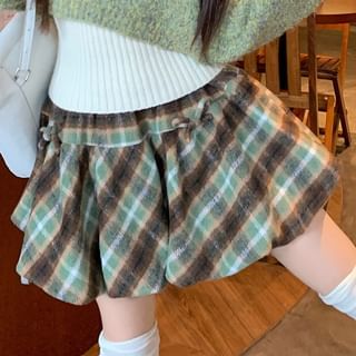 Cropped V-Neck Sweater with Ribbed Tank & Plaid Mini Skirt