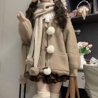 Pom Pom Cardigan & Frill Trim Mini A-Line Skirt Set