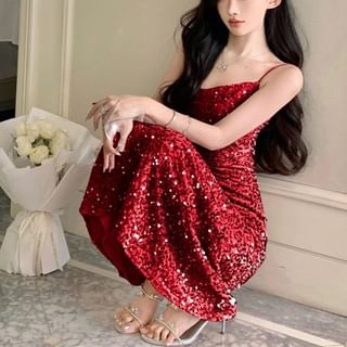 Cowl Neck Sequin A-Line Maxi Dress