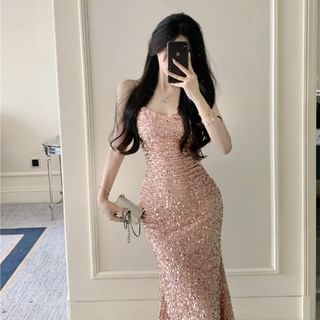 Cowl Neck Sequin A-Line Maxi Dress