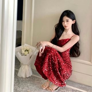 Cowl Neck Sequin A-Line Maxi Dress