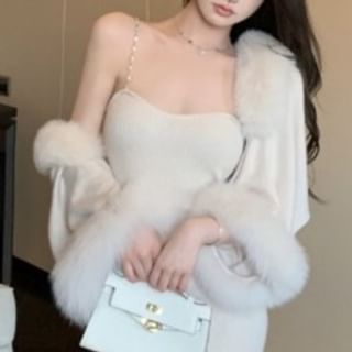 Ribbed Midi Sheath Dress & Fluffy Open Front Jacket