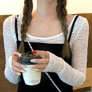 Round Neck Lace Top & Velvet Mini Dungaree Dress Thin Straps