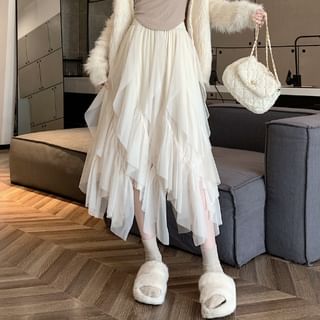Asymmetrical Ruffle Panel Midi Skirt - High Rise