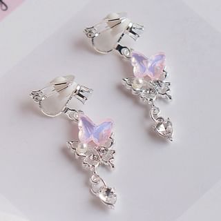 Clip-On Drop / Rhinestone Butterfly Faux Pearl Earring