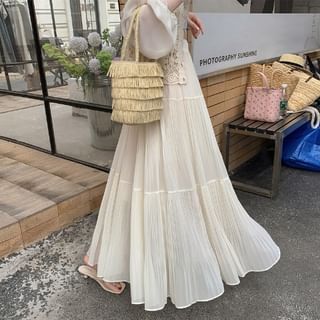 High Rise Pleated Maxi A-Line Skirt in Plain Design