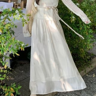 Pointelle Knit Long-Sleeve Top with Belt and Maxi Skirt Set