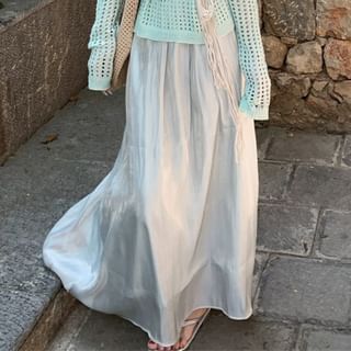 Pointelle Knit Long-Sleeve Top with Belt and Maxi Skirt Set