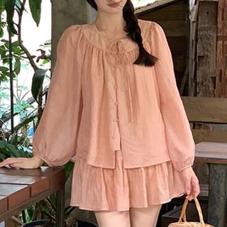 Gathered Tie-Front Blouse with Round Neck and A-Line Skirt