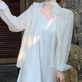 Long-Sleeve Shirt and V-Neck Spaghetti Strap Sundress Set