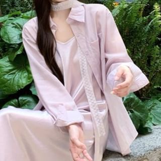 Long-Sleeve Shirt and V-Neck Spaghetti Strap Sundress Set