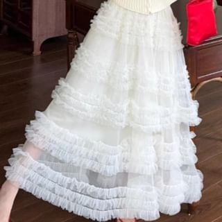 Cap-Sleeve Square Neck Lace-Up Plain Crop Top / High Rise Frill Trim Tiered Mesh Maxi A-Line Skirt