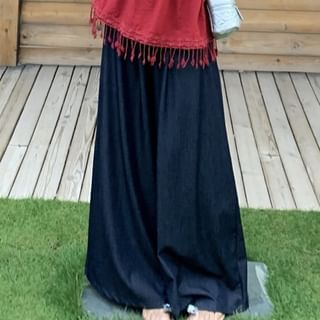 V-Neck Plain Lace Panel Fringed Flowy Cami Top / High Rise Wide Leg Pants