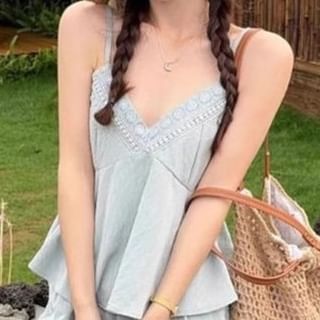 V-Neck Lace Panel Flowy Camisole Top / High Waist Plain Wide Leg Pants