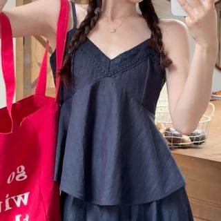 V-Neck Lace Panel Flowy Camisole Top / High Waist Plain Wide Leg Pants