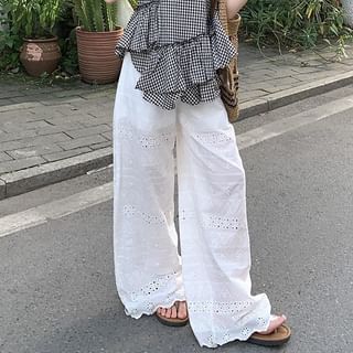 Asymmetrical Gingham Ruffled Cami Top / High Waist Eyelet Lace Trim Wide Leg Pants