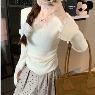 Long Sleeve V-Neck Ribbed Lace Trim Top
