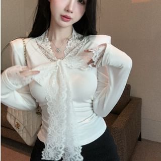 Long Sleeve V-Neck Slim Fit Lace T-Shirt