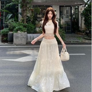 Mock Neck Lace Crop Top & Maxi Skirt Set