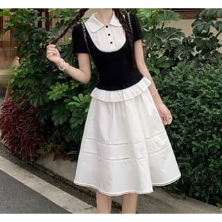Two Tone Slim Tee with Elastic Waist Midi Flared Skirt