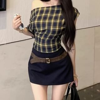 Off Shoulder Plaid Tee with Belted Pencil Mini Skirt