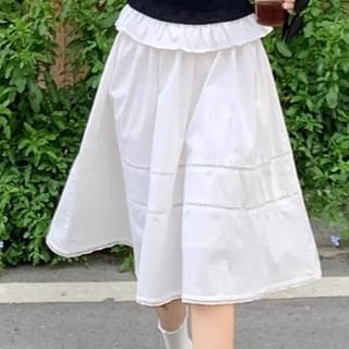 Two Tone Slim Tee with Elastic Waist Midi Flared Skirt