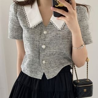 Plaid Lace Trim Blouse with High Rise Mini Flared Skirt