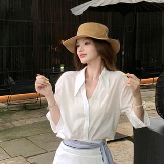 V Neck Shirt with High Rise Midi Skirt and Striped Sash Set