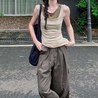 Crew Neck Mock Two Piece Asymmetrical Tank Top / Drawstring Waist Plain Baggy Cargo Pants