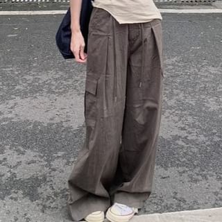 Crew Neck Mock Two Piece Asymmetrical Tank Top / Drawstring Waist Plain Baggy Cargo Pants