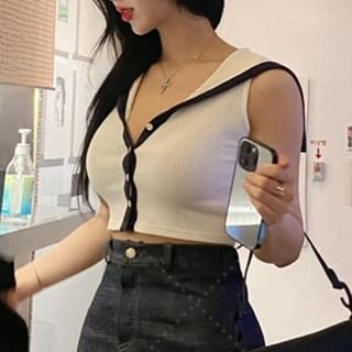 Sleeveless Collared V-Neck Contrast-Trimmed Cropped Top
