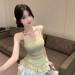 Spaghetti-Strap Scoop-Neck Plain Lace Cami & High-Rise Mini A-Line Skirt