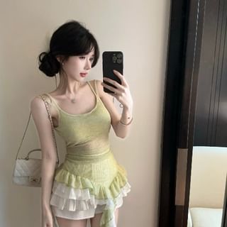 Spaghetti-Strap Scoop-Neck Plain Lace Cami & High-Rise Mini A-Line Skirt