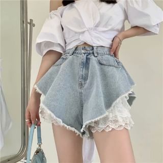 High Waist Washed Fray Panel Lace Denim Shorts